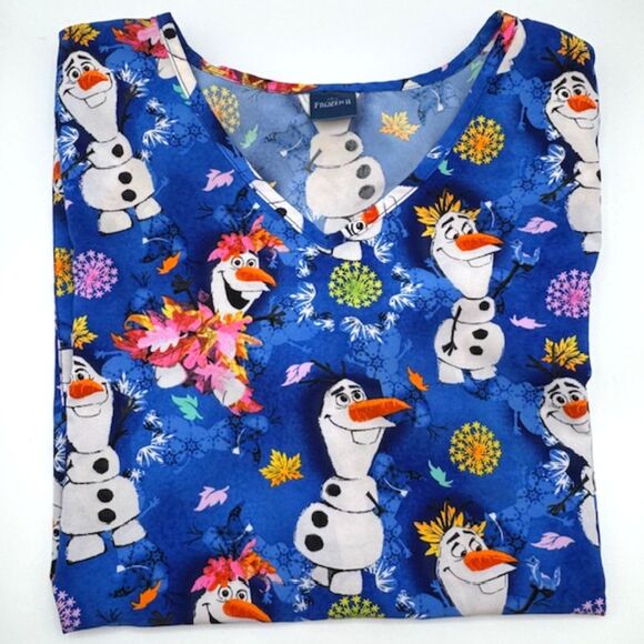 Disney Frozen Women’s 3XL SS Blue Olaf Print Scrub Top V-Neck Holiday Xmas Snow - Picture 1 of 7